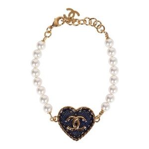 CHANEL Pearl & Denim Blue CC Heart Bracelet